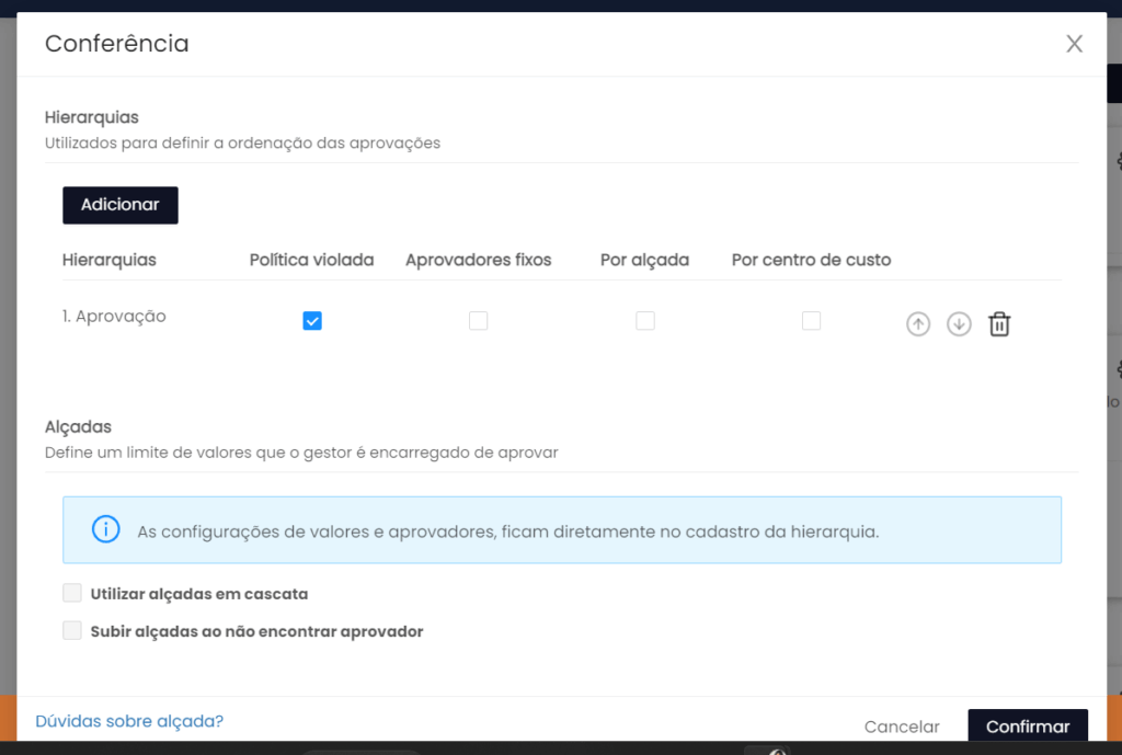 tela paytrack com configuração de hierarquia