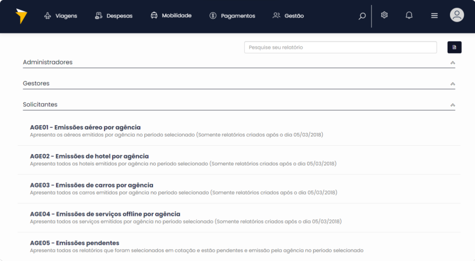 Página de relatórios de despesas no Paytrack