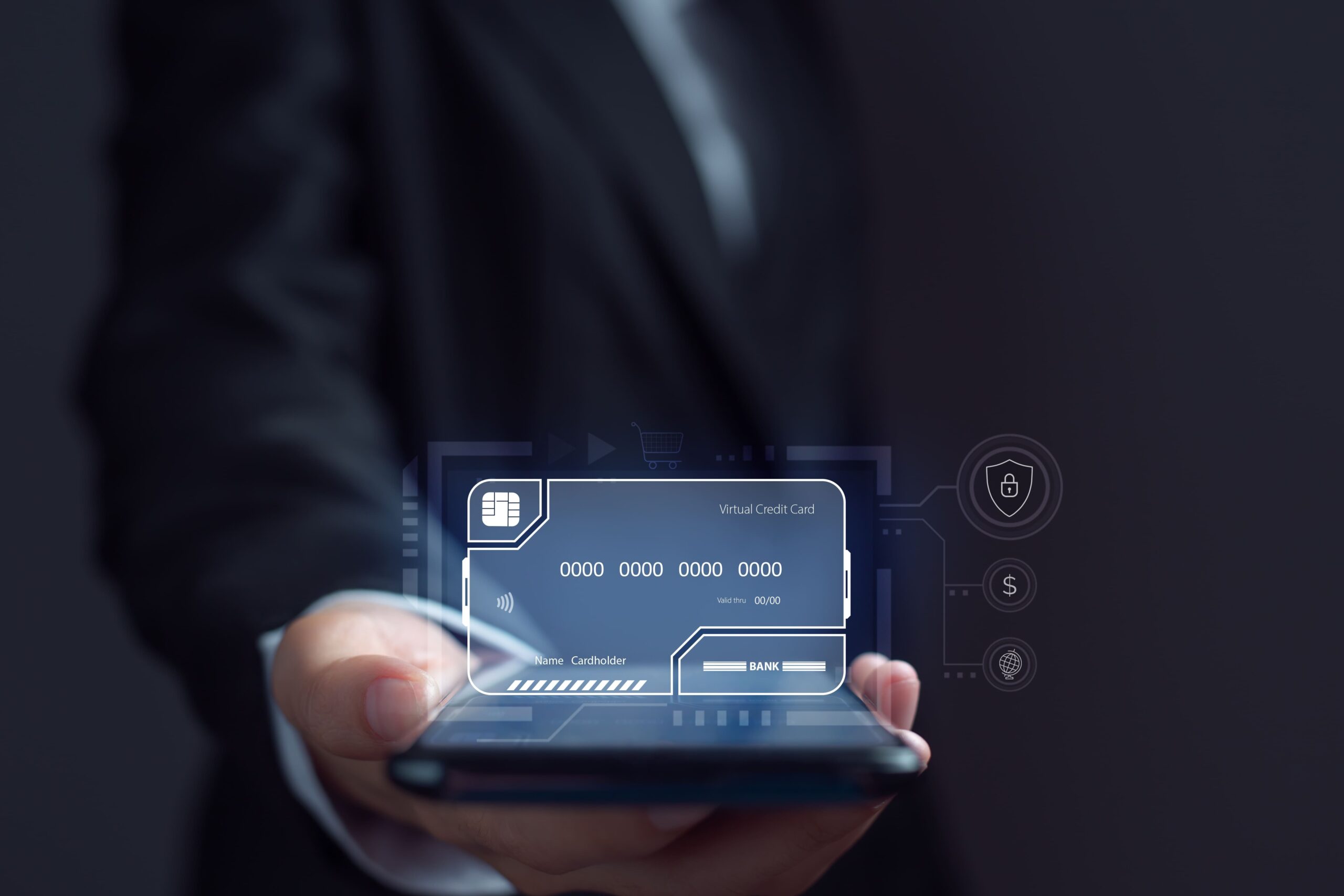 Cartões virtuais sendo utilizados por um profissional de terno com um celular em mãos.