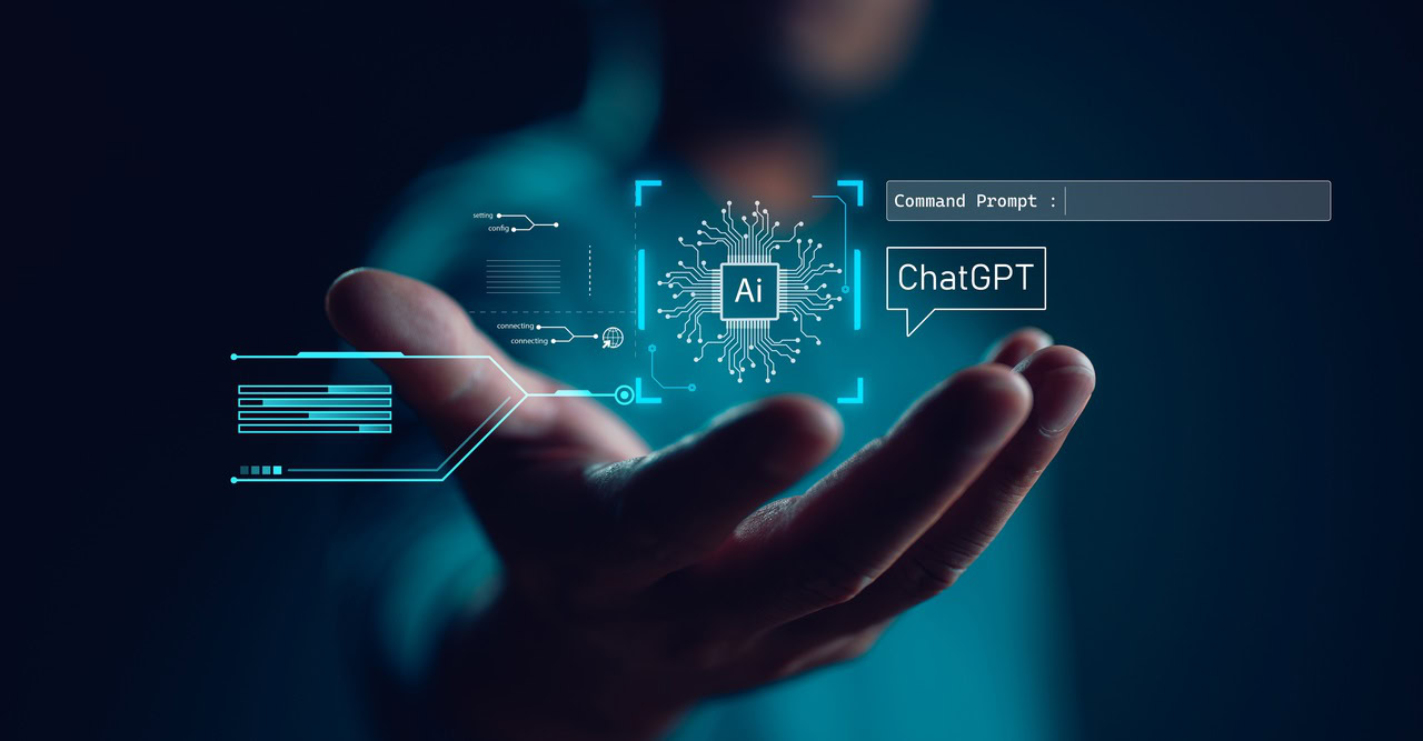 Imagem de uma mão segurando a tecnologia proveniente da inteligência artificial, a fim de falarmos sobre o tema criando prompts inteligentes.
